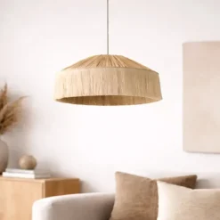Abat-jour suspension en papier façon raphia et franges