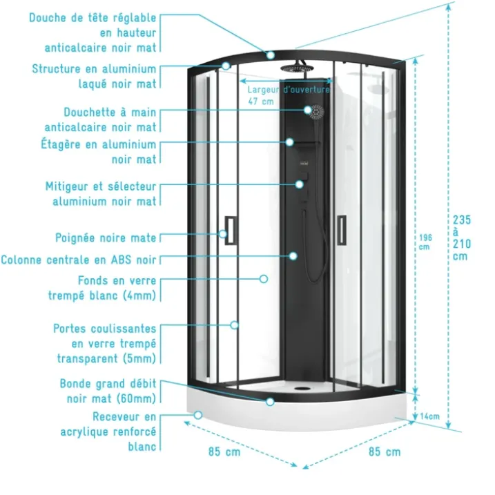 Cabine de douche 1/4 de cercle style contemporain