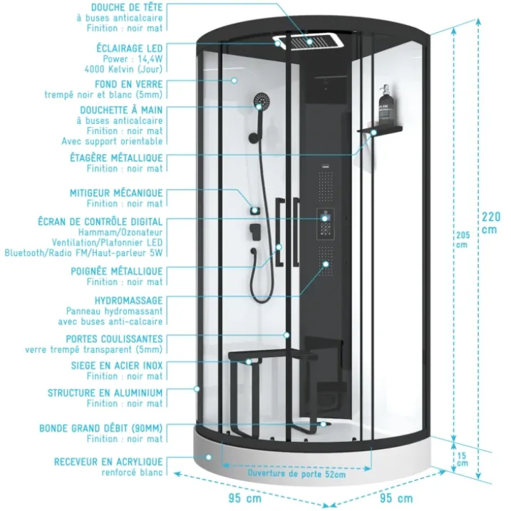 Cabine de douche hammam 1/4 de cercle hydromassant