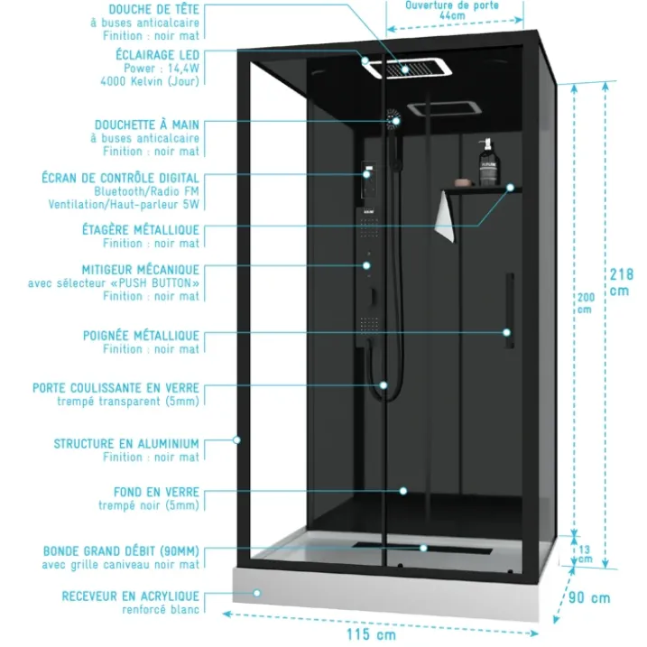 Cabine de douche hydromassante porte coulissante et panneau de contrôle tactile