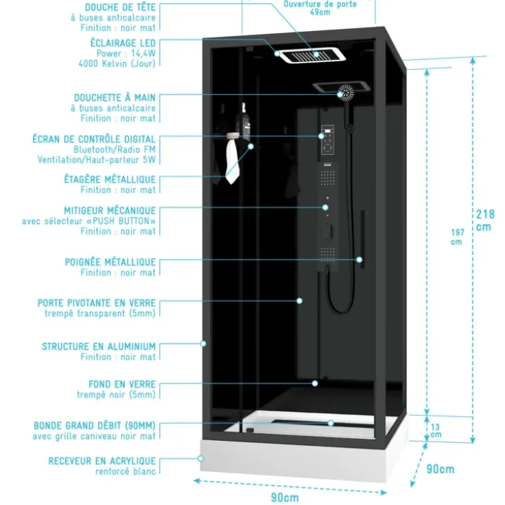 Cabine de douche hydromassante porte pivotante et panneau de contrôle tactile