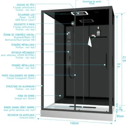 Cabine de douche hydromassante rectangulaire XXL avec porte coulissante et panneau de contrôle tactile