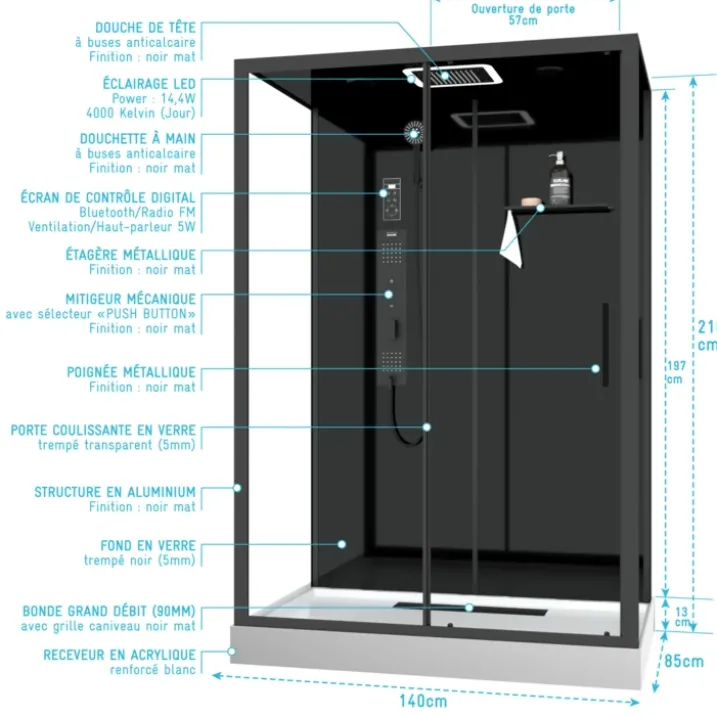 Cabine de douche hydromassante rectangulaire XXL avec porte coulissante et panneau de contrôle tactile