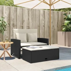 Canapé de jardin avec coussins 2 places noir résine tressée