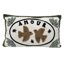 Coussin brodé avec motif oiseaux et "amour"