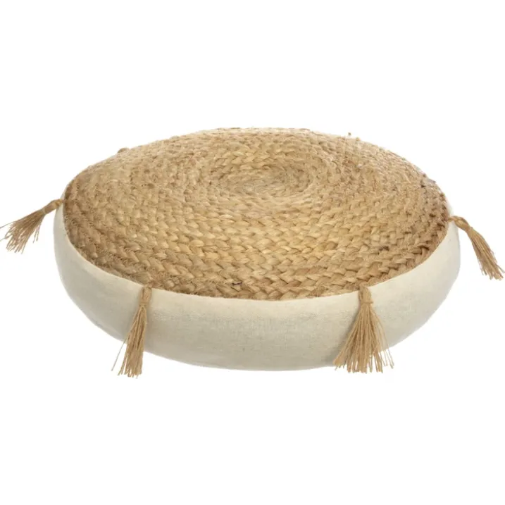 Coussin de sol en jute et pompons