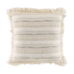 Coussin déhoussable en coton tissé avec franges et rayures en relief