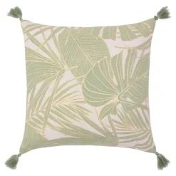 Coussin polycoton feuillages tropicaux métallisé à pompons