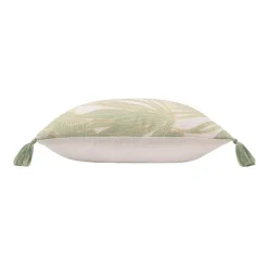 Coussin polycoton feuillages tropicaux métallisé à pompons