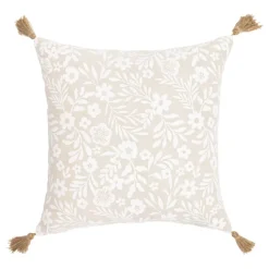 Coussin polycoton imprimé floral à pompons