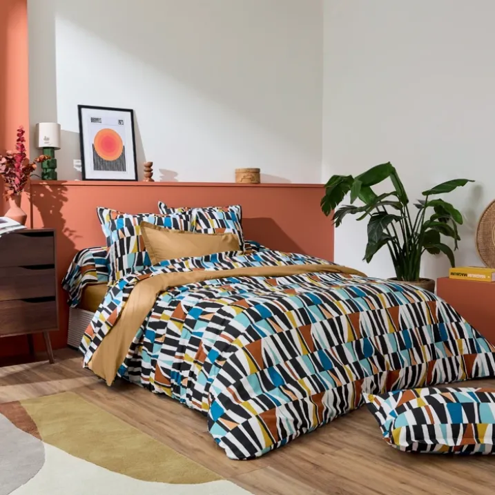 Drap coton géométrique réversible uni