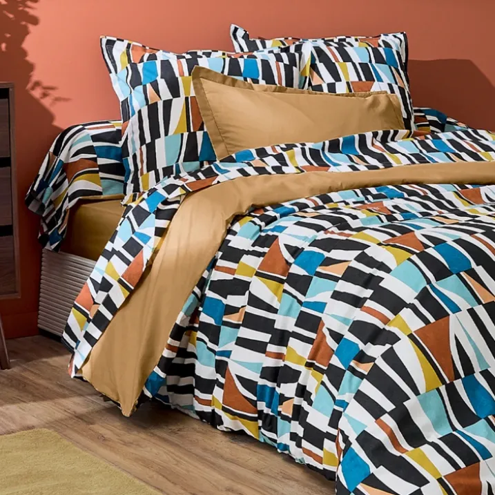 Drap coton géométrique réversible uni