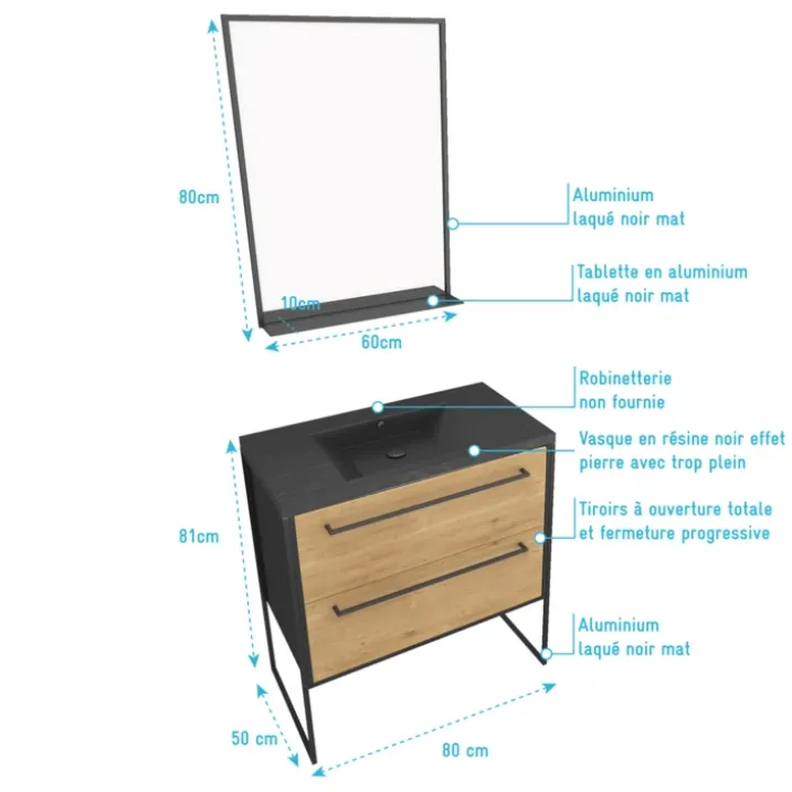 Ensemble caisson à tiroirs vasque et miroir simple