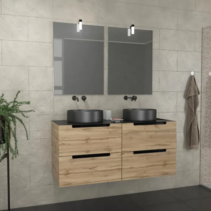 Ensemble de salle de bains avec 2 vasques rondes et 2 miroirs rectangulaires à led