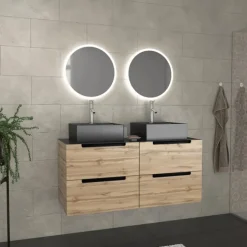 Ensemble de salle de bains avec 2 vasques rectangulaires et 2 miroirs ronds à led