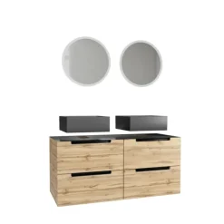 Ensemble de salle de bains avec 2 vasques rectangulaires et 2 miroirs ronds à led