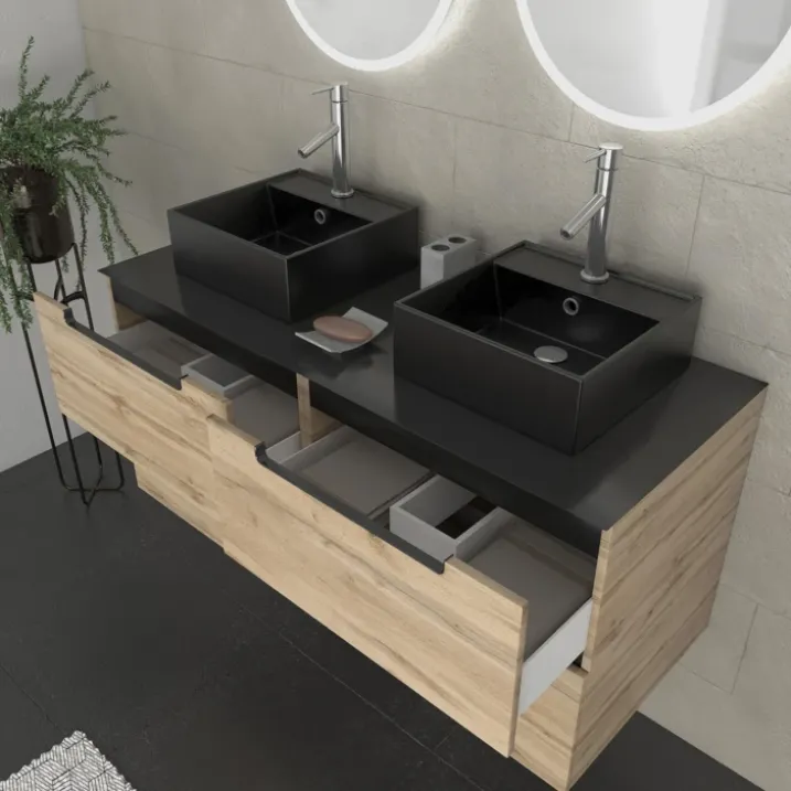 Ensemble de salle de bains avec 2 vasques rectangulaires et 2 miroirs ronds à led