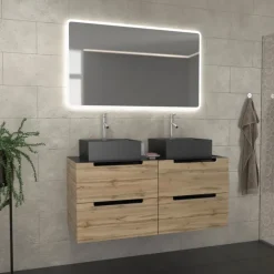 Ensemble de salle de bains avec 2 vasques et 1 miroir rectangulaires à led