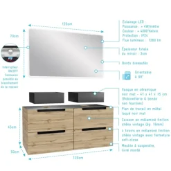 Ensemble de salle de bains avec 2 vasques et 1 miroir rectangulaires à led