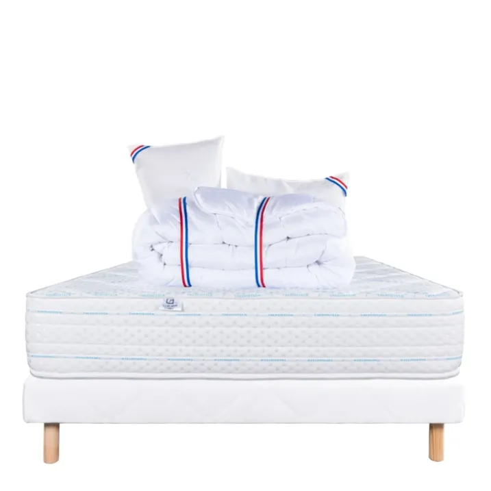 Ensemble literie avec matelas mémoire de forme 24 cm, sommier blanc, oreillers et couette