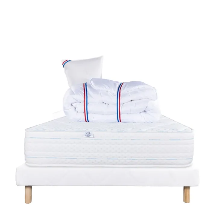 Ensemble literie avec matelas mémoire de forme 24 cm, sommier blanc, oreillers et couette
