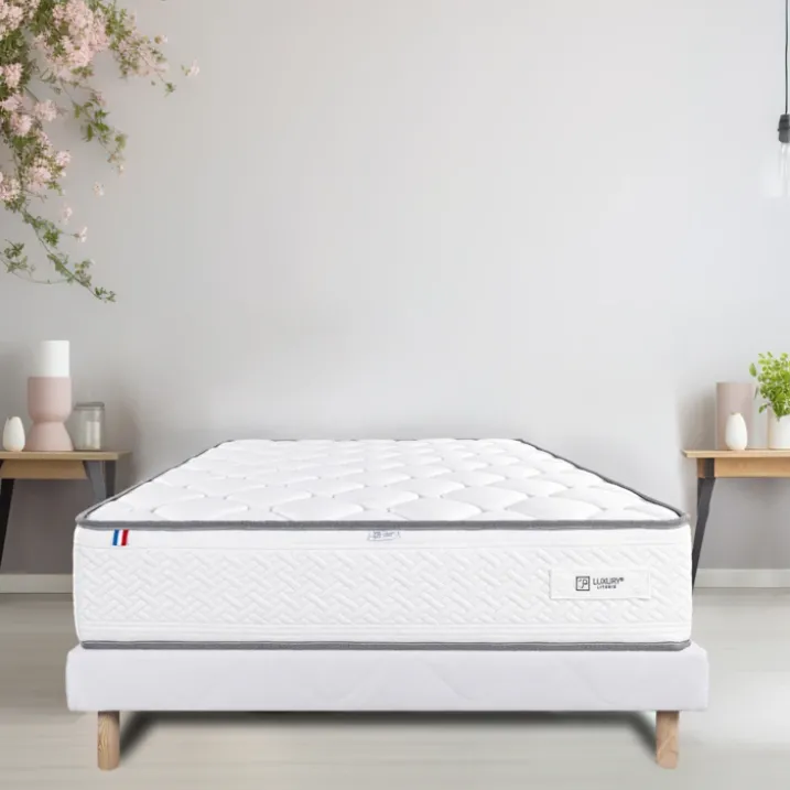Ensemble literie ferme 20 cm en mousse haute densité avec sommier tapissier blanc