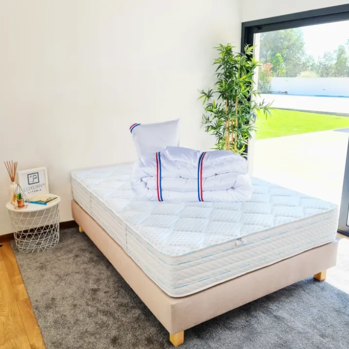 Ensemble Matelasépaisseur 24 cm, ferme, face été/hiver + sommier beige ep20cm + 2 oreillers + couette