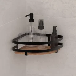 Etagère de douche d'angle sans perçage en bois