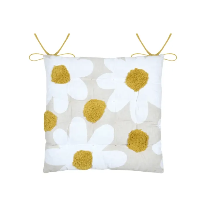 Galette de chaise en polycoton capitonnée à motif marguerites