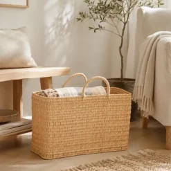 Grand panier en paille et anse coton Hassira