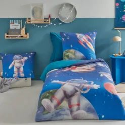 Housse de couette enfant percale de coton astronaute et fusée