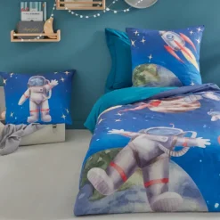 Housse de couette enfant percale de coton astronaute et fusée