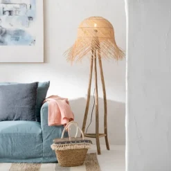 Lampadaire rond en rotin