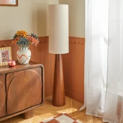 Lampadaire sur pied en bois avec abat-jour en coton