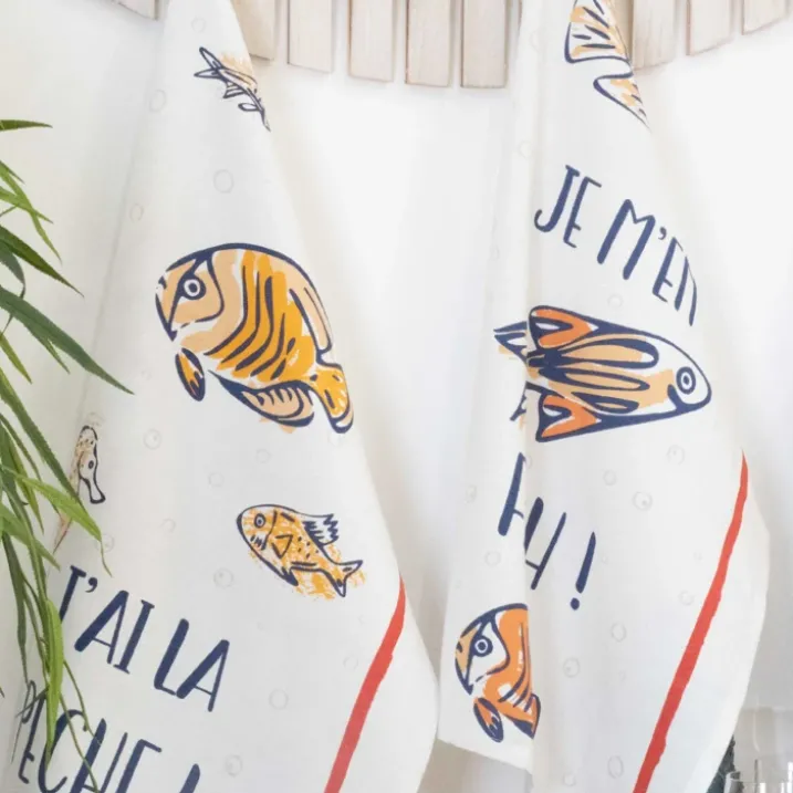Lot de 3 torchons message poissons en coton