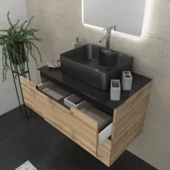 Meuble de salle bains avec vasque et miroir au style authentique
