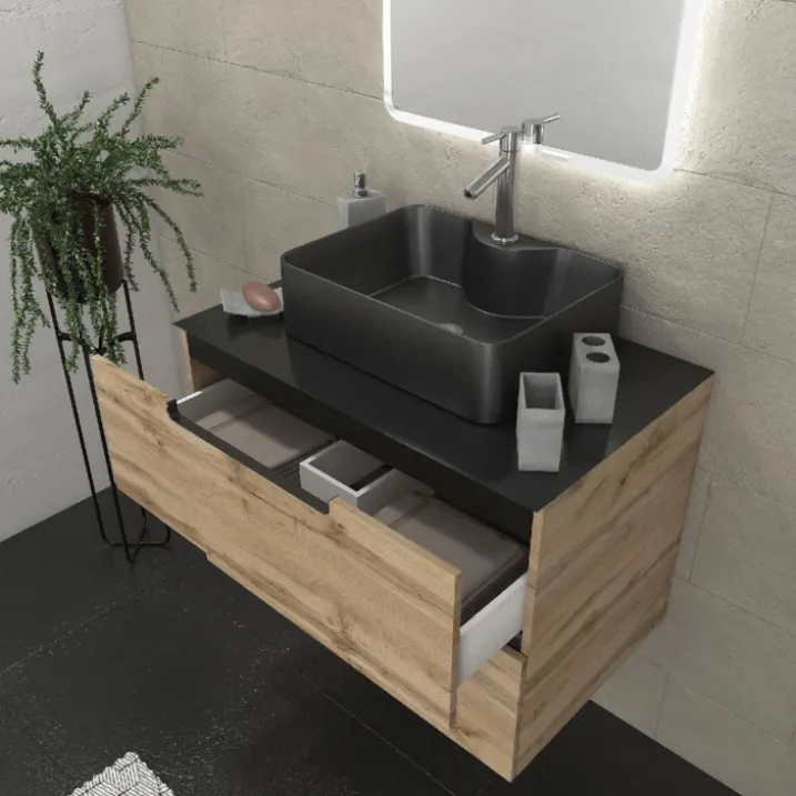 Meuble de salle bains avec vasque et miroir au style authentique