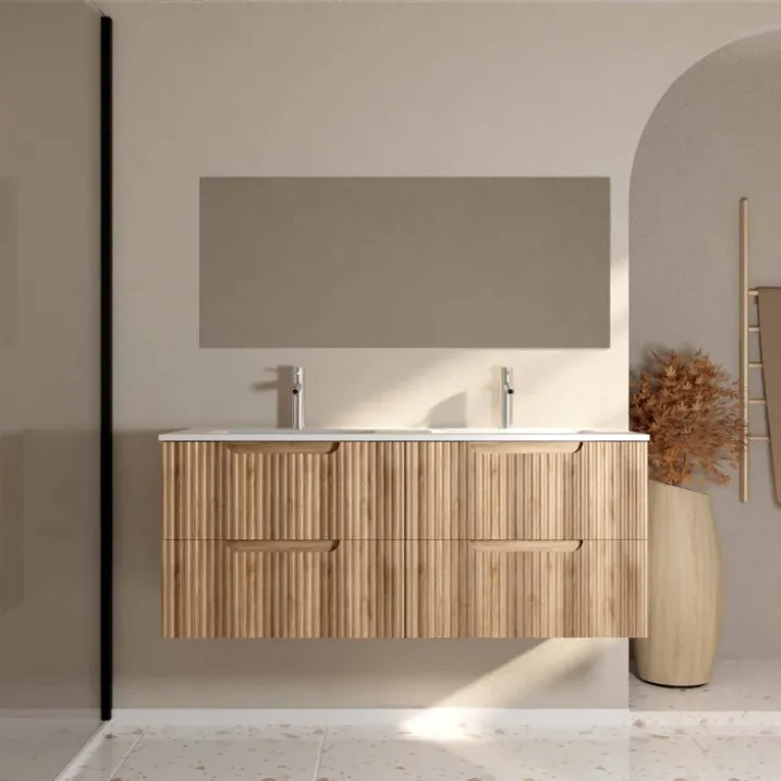 Meuble de salle de bain double vasque encastrée avec façade ondulée et rangements spacieux
