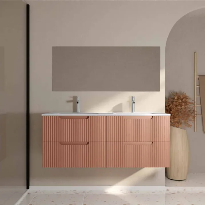 Meuble de salle de bain double vasque encastrée avec façade ondulée et rangements spacieux