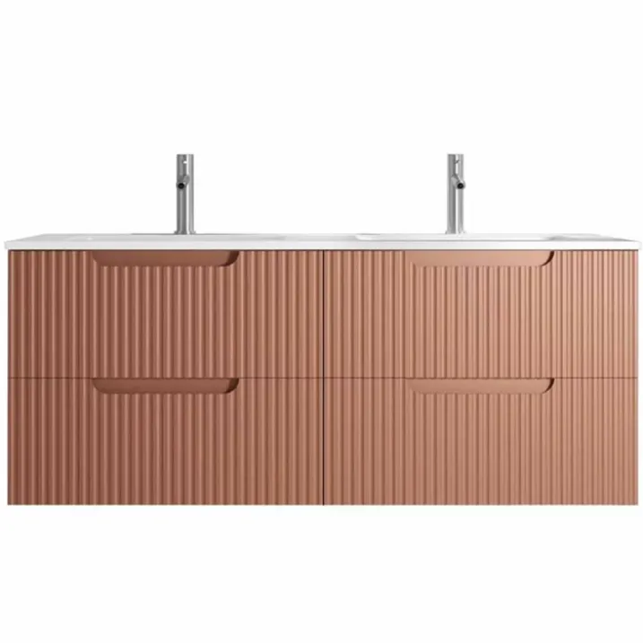Meuble de salle de bain double vasque encastrée avec façade ondulée et rangements spacieux