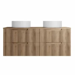 Meuble de salle de bain double vasque ronde avec façade ondulée et rangements intégrés