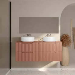 Meuble de salle de bain double vasque ronde avec façade ondulée et rangements intégrés