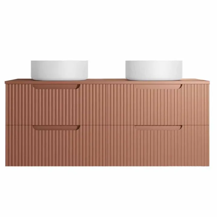 Meuble de salle de bain double vasque ronde avec façade ondulée et rangements intégrés