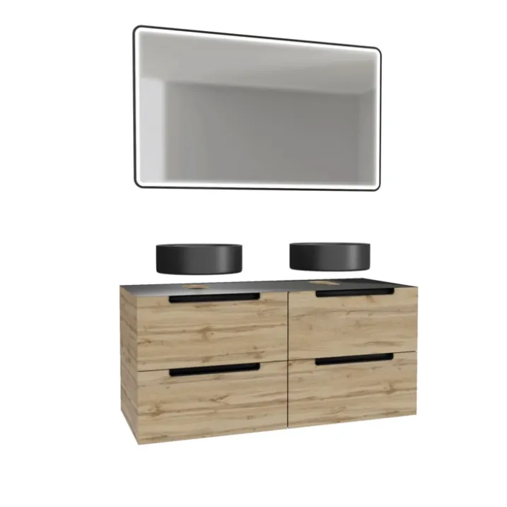 Meuble de salle de bains avec 2 vasques rondes et 1 miroir rectangulaire à led noir
