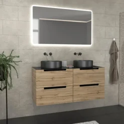 Meuble de salle de bains avec 2 vasques rondes et 1 miroir rectangulaire à led