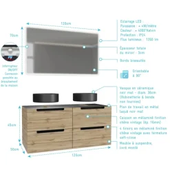 Meuble de salle de bains avec 2 vasques rondes et 1 miroir rectangulaire à led