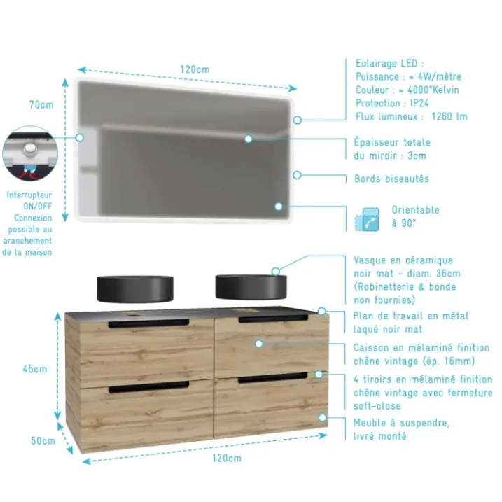Meuble de salle de bains avec 2 vasques rondes et 1 miroir rectangulaire à led