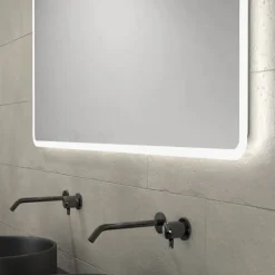 Meuble de salle de bains avec 2 vasques rondes et 1 miroir rectangulaire à led