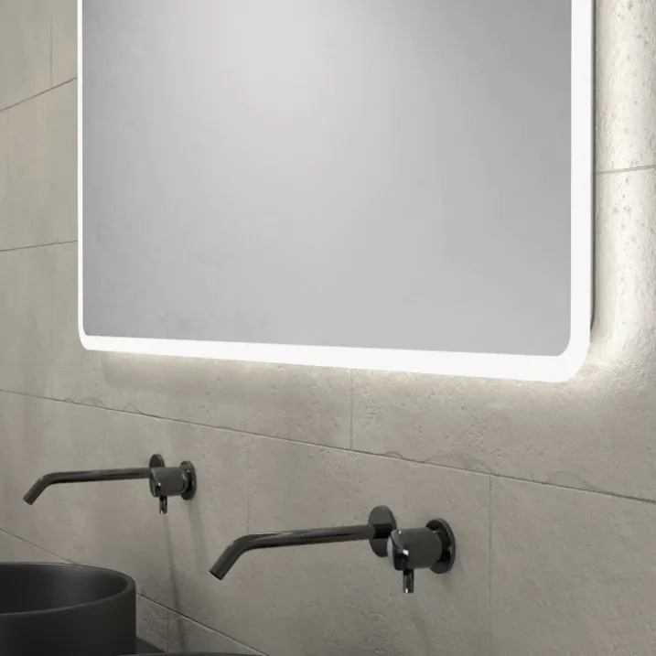 Meuble de salle de bains avec 2 vasques rondes et 1 miroir rectangulaire à led