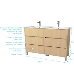 Meuble de salle de bains double vasque avec 6 tiroirs